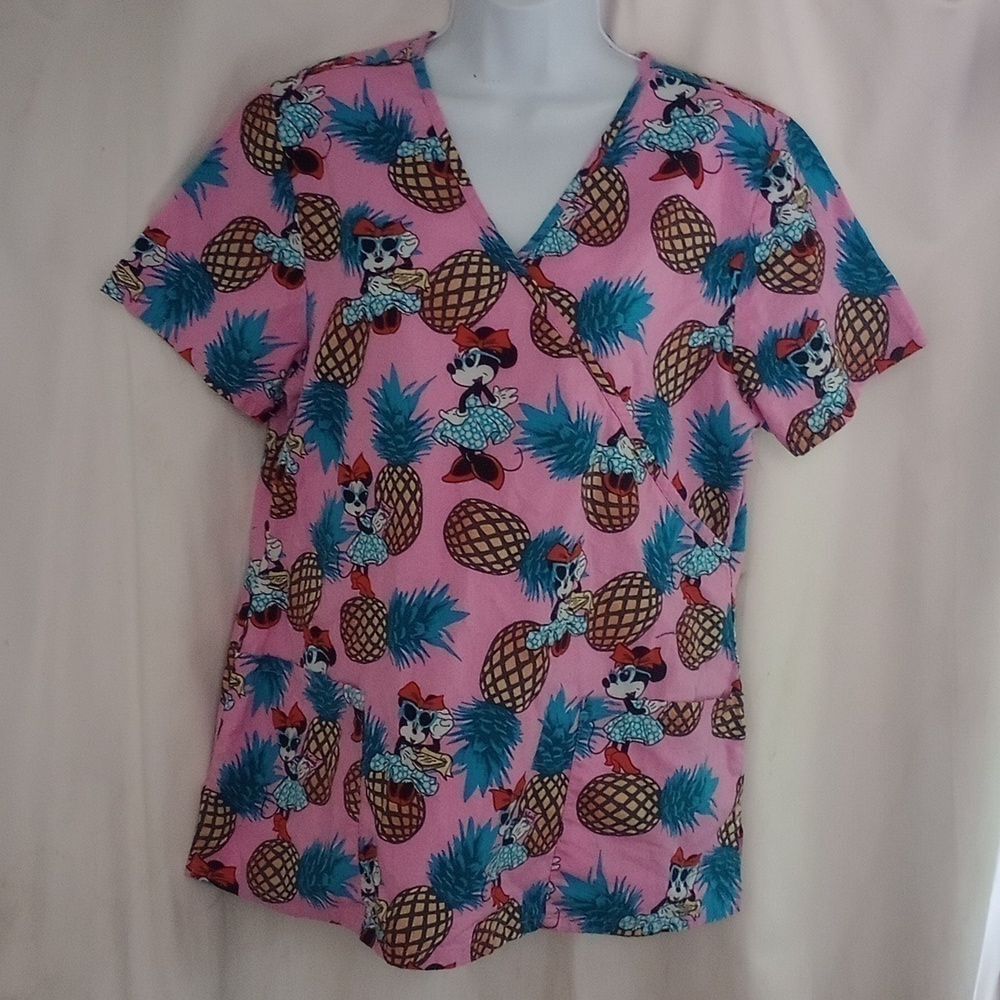 Large Disney Minnie Mouse Pink Tropical Scrub Pockets Top Dental Medical